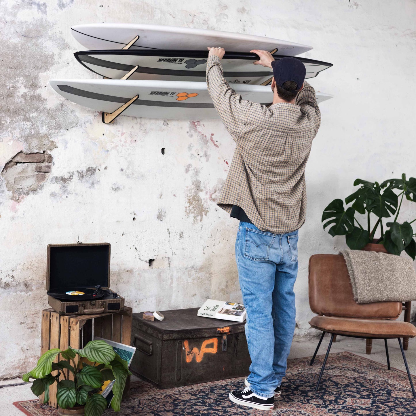 SHCK RACK The Stacker horizontal multi 3 surfboard rack lifestyle shot