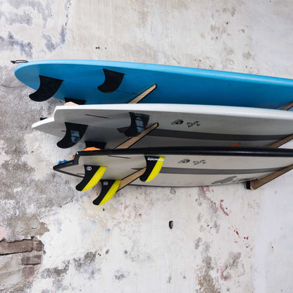 SHCK RACK The Stacker horizontal multi 3 surfboard rack with boards close-up
