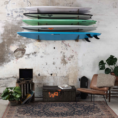 SHCK RACK The Stacker horizontal multi 5 surfboard rack with boards front view